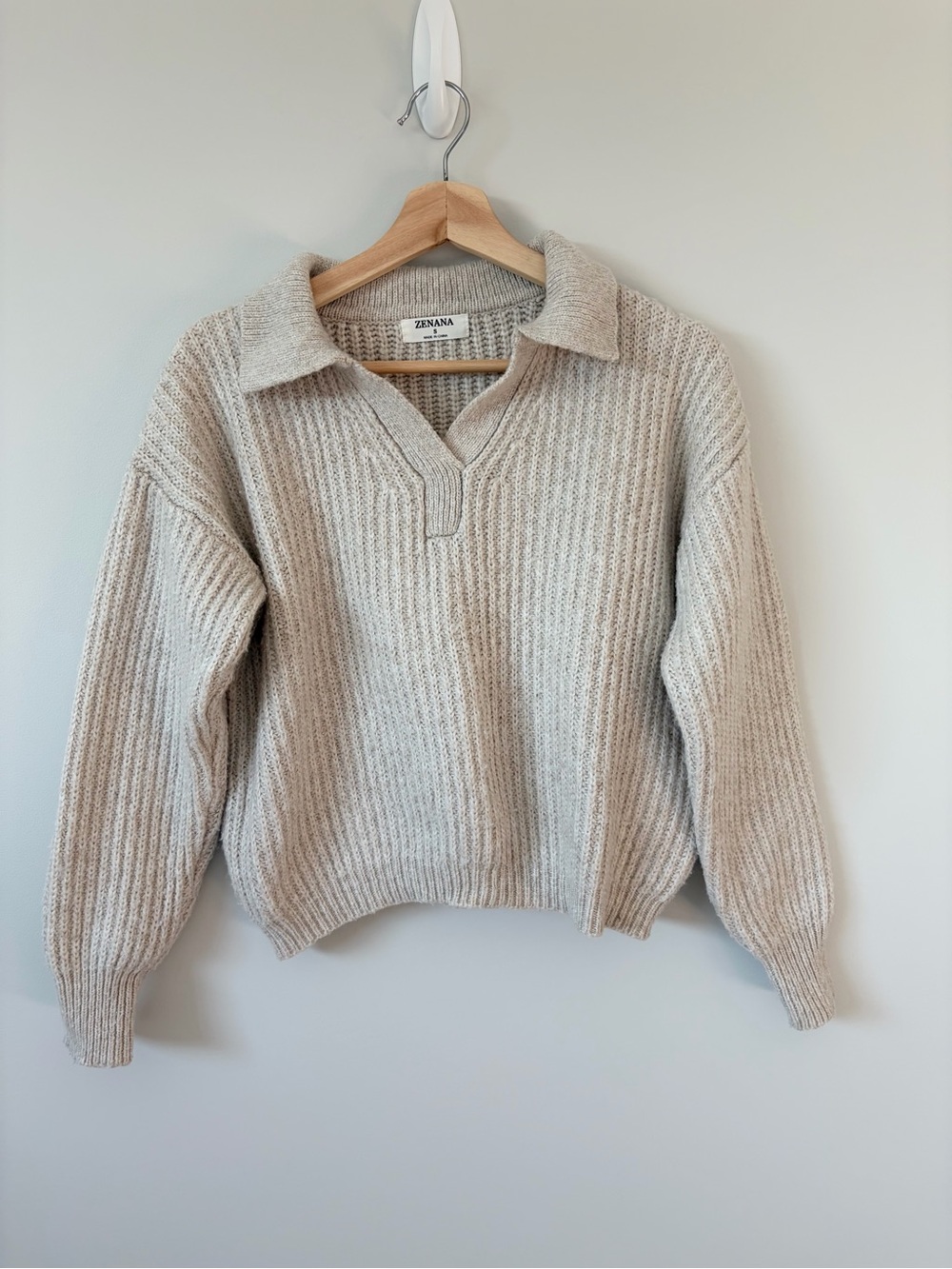 Zenana Oatmeal Ribbed Knit Collared Sweater